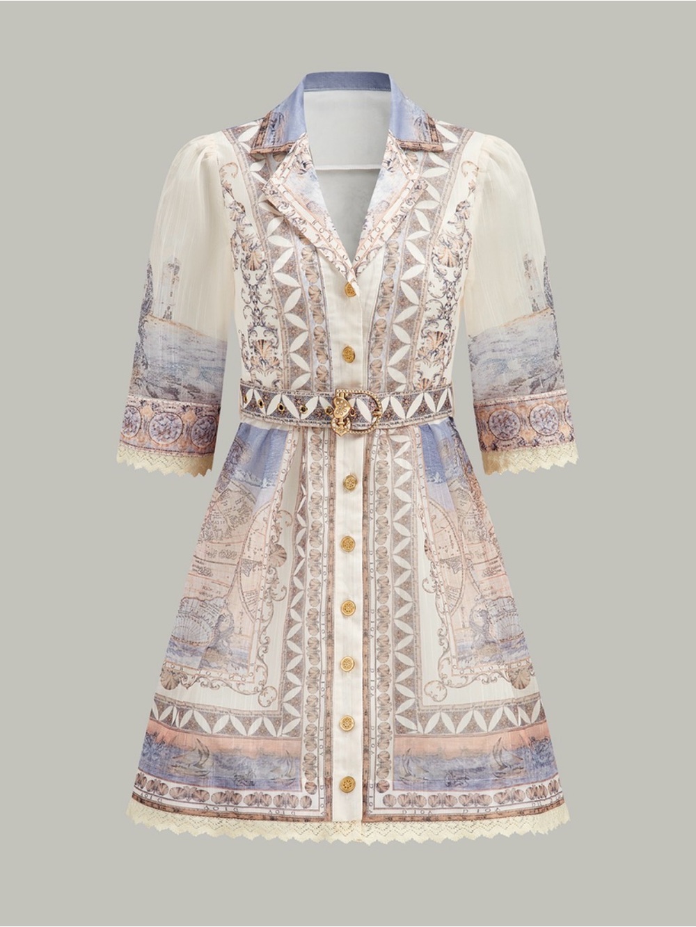 Commense Pastel Printed Button-Front Shirt Dress in Cream, Blue & Pink